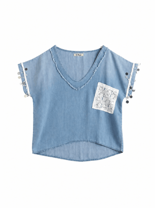 T-Shirt  in Jeansoptik in Blau mit dekorierten Ärmel