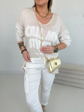 Langarmshirt in Beige vorne mit Feinstrick