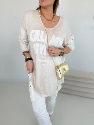 Langarmshirt in Beige vorne mit Feinstrick