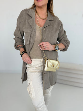 Cordhemd für Damen in Taupe mit Fransen