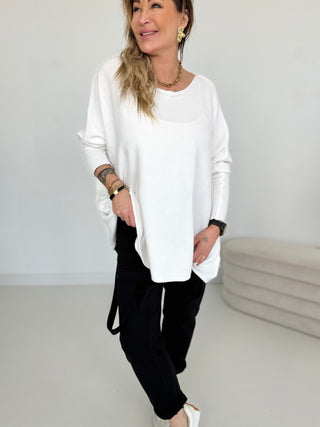 Feinstrickpullover in Wollweiß mit Rundhals-Ausschnitt