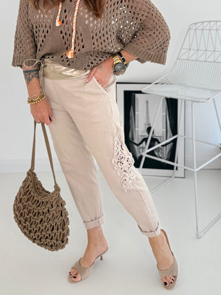 Jeans Stretchhose Beige mit Spitze | Damen OS 36-42 Levelone