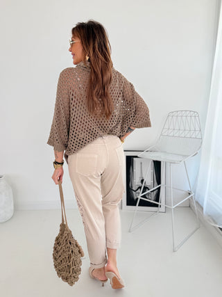 Jeans Stretchhose Beige mit Spitze | Damen OS 36-42 Levelone