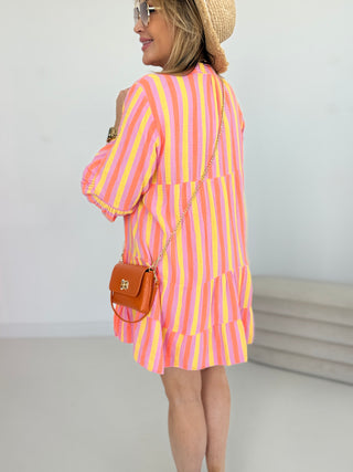 Musselin Tunika-gestreift-damen-flieder-neonorange-gelb-levelone