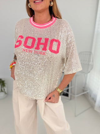Pailletten T-Shirt in Silber mit Schriftzug